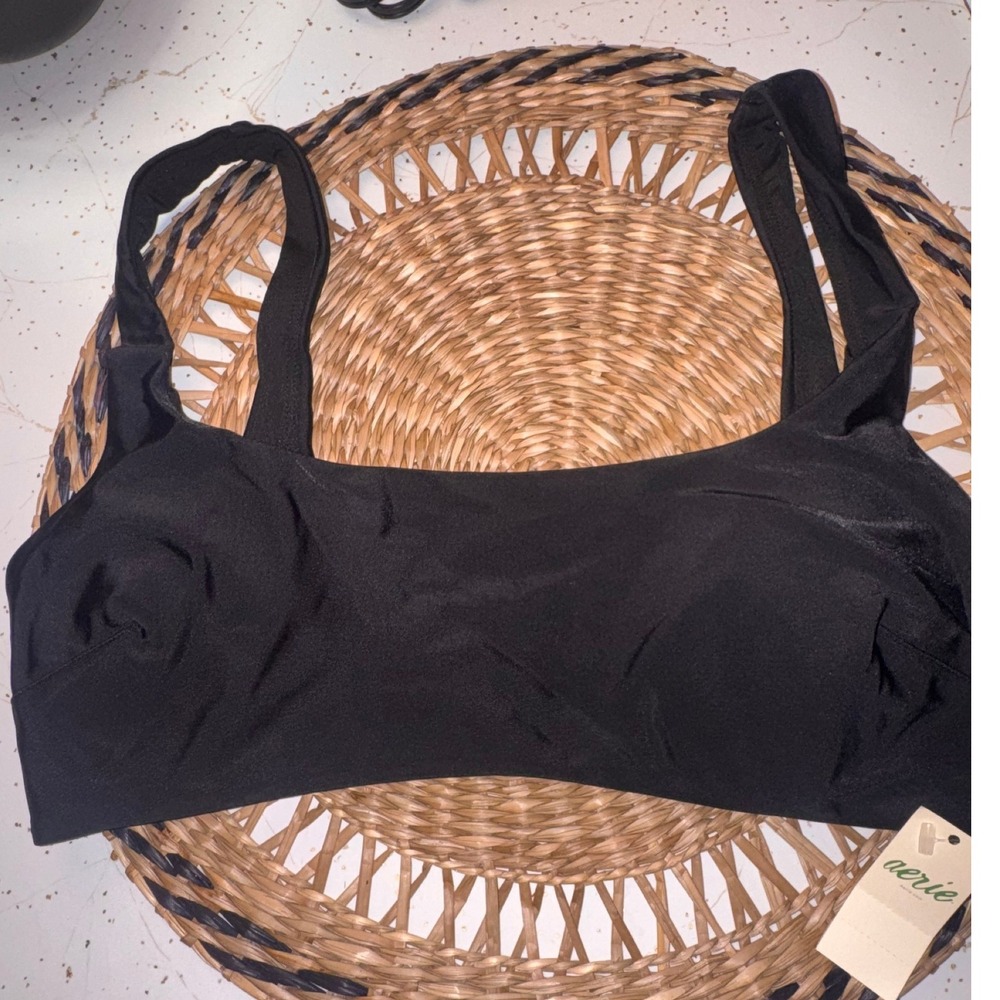 Aerie Scoop Bikini Top Black Solid Swim Suit Tank Style Womens Medium NEW - Picture 2 of 3